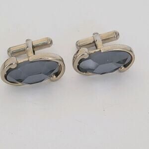 Vintage Gray stone Glass Cufflinks Silver Tone Oval Retro 70s Disco Glam